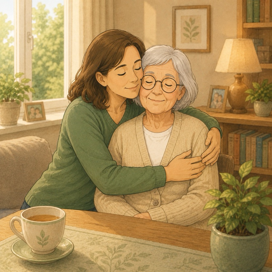 A daughter with her mother at home